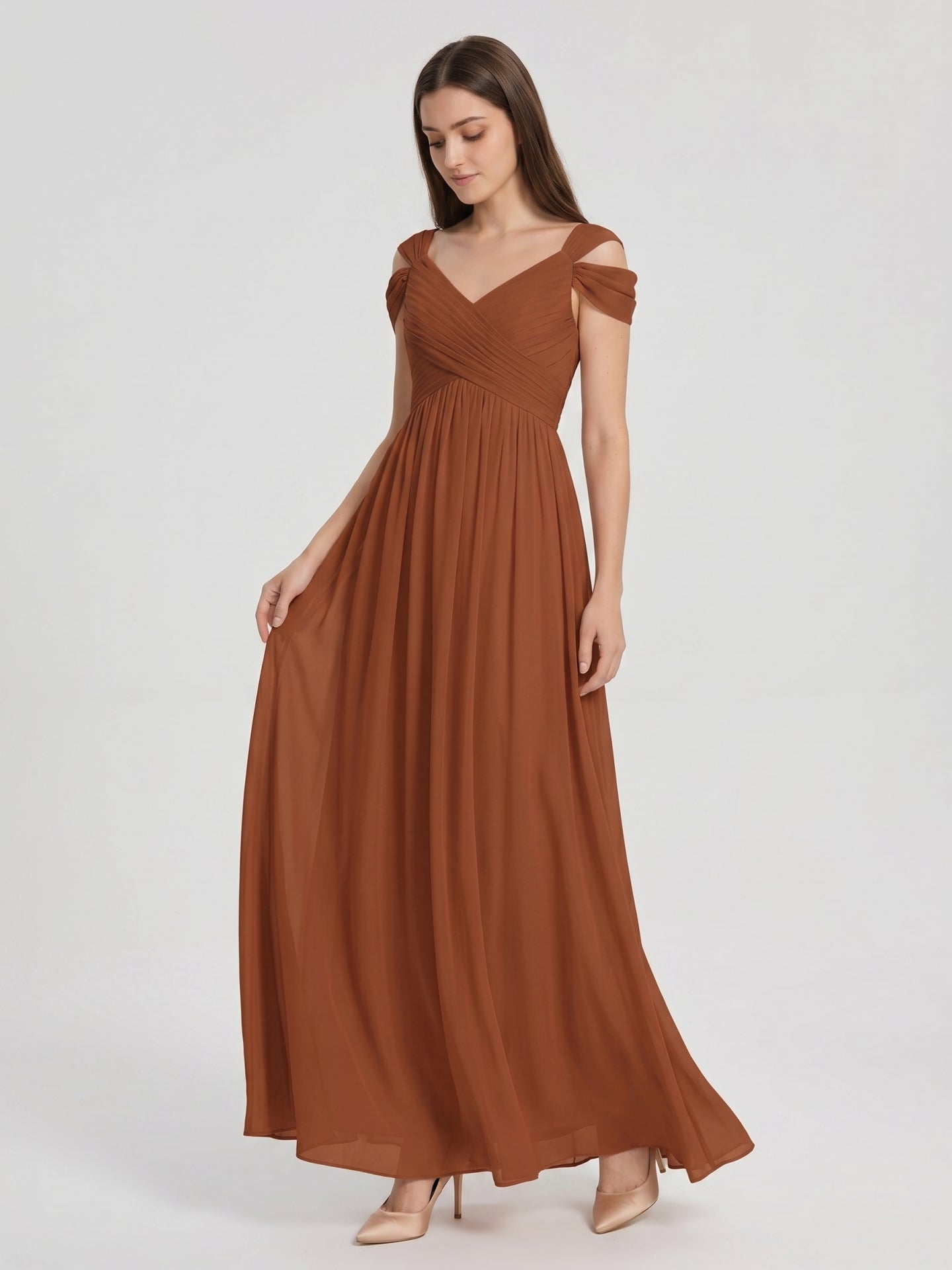 Terracotta Chiffon Empire Off-the-Shoulder V-Back Floor-Length Pleated Bridesmaid Dress - Curvevia
