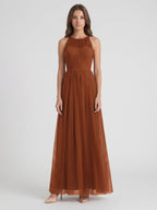 Terracotta Tulle A-Line Scoop Neck Back Zip Floor-Length Pleated Bridesmaid Dress - Curvevia