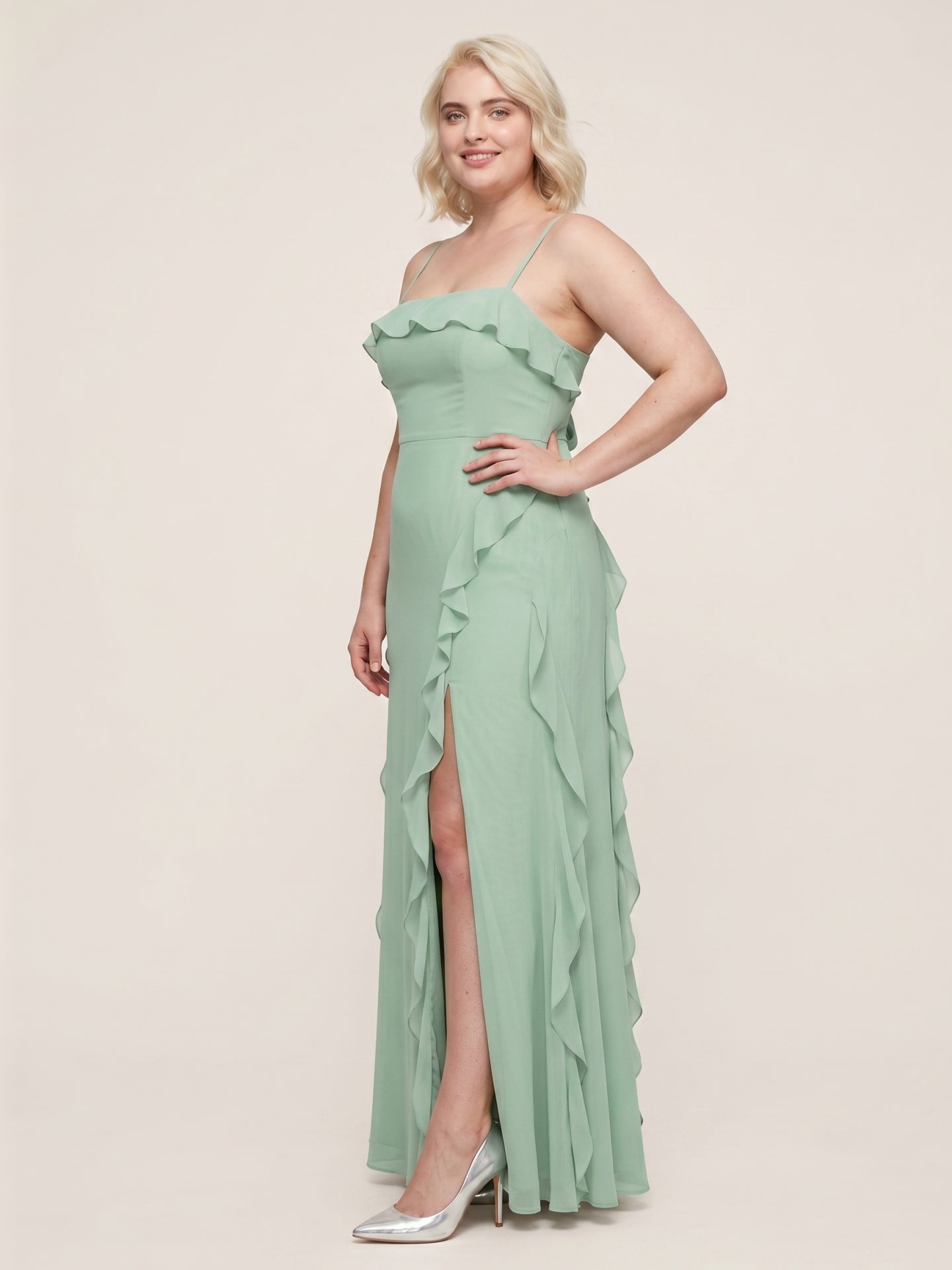 Elegant Mint Green Chiffon A-Line Straight Neck Backless with Ruffle Ankle-Length Plus Size Bridesmaid Dress - Curvevia