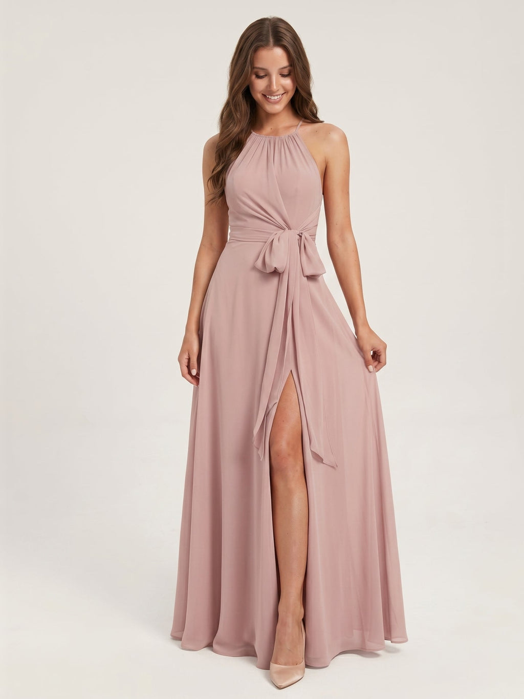 Coquette Dusty Rose Chiffon A-Line Halter neckline Back Zip Ankle-Length Bridesmaid Dress - Curvevia