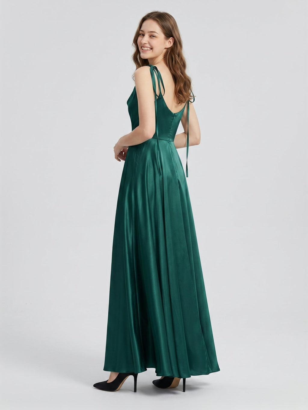 Peacock Satin A-Line Cowl Neck Back Zip Floor-Length Bridesmaid Dress with Bow - Curvevia
