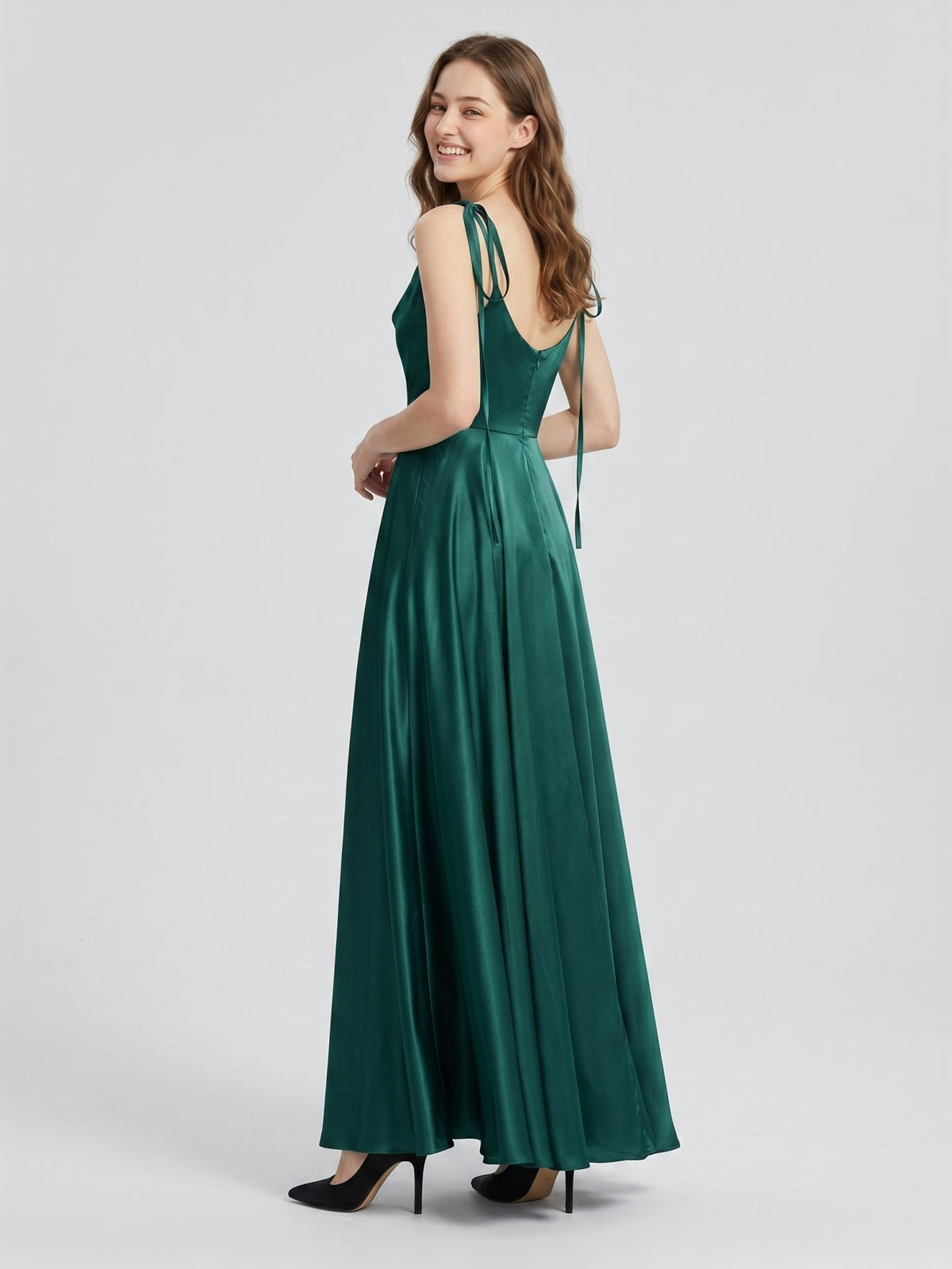Peacock Satin A-Line Cowl Neck Back Zip Floor-Length Bridesmaid Dress with Bow - Curvevia