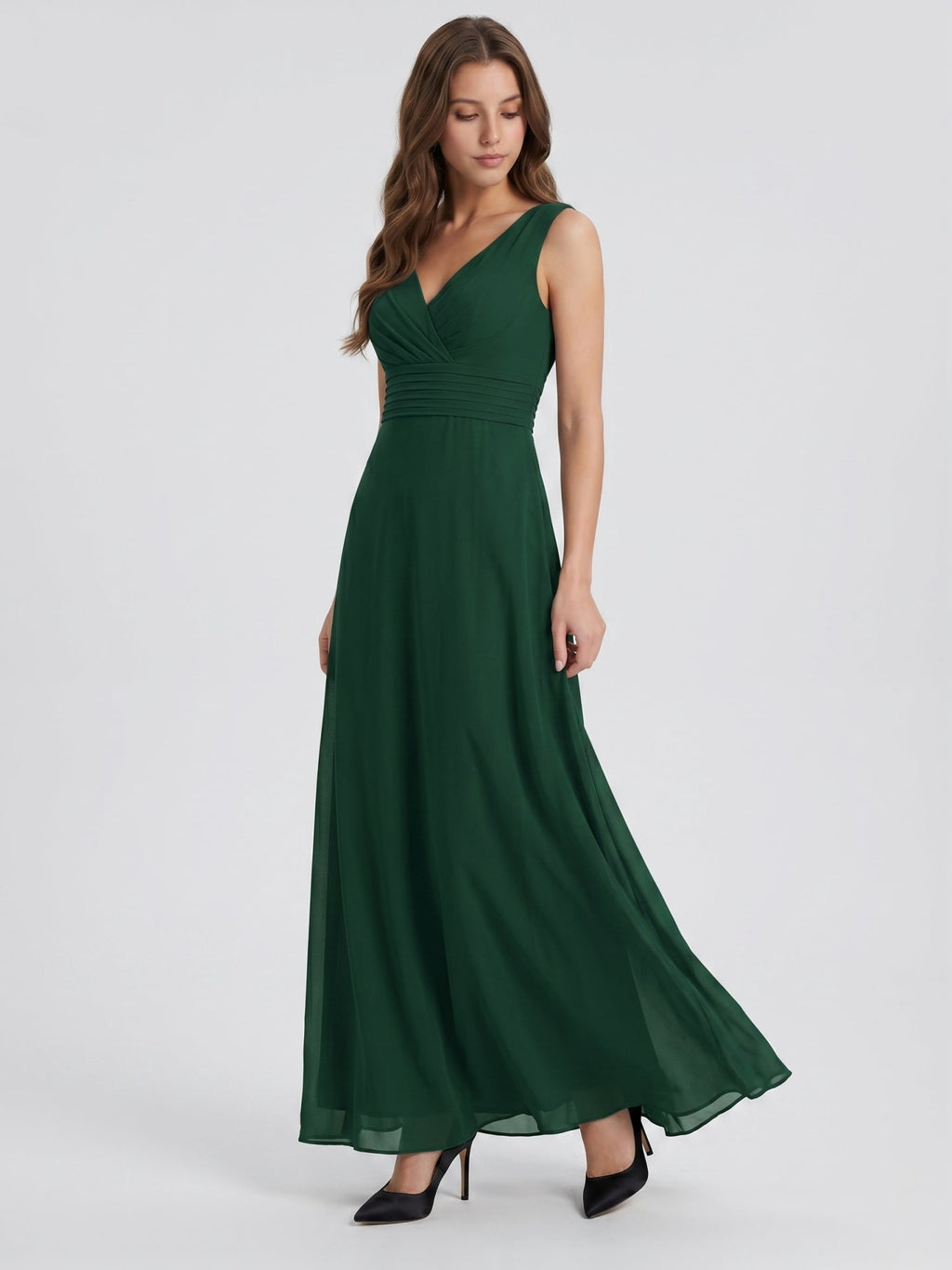 Forest Green Chiffon A-Line V-Neck Keyhole Back Floor-Length Pleated Bridesmaid Dress - Curvevia