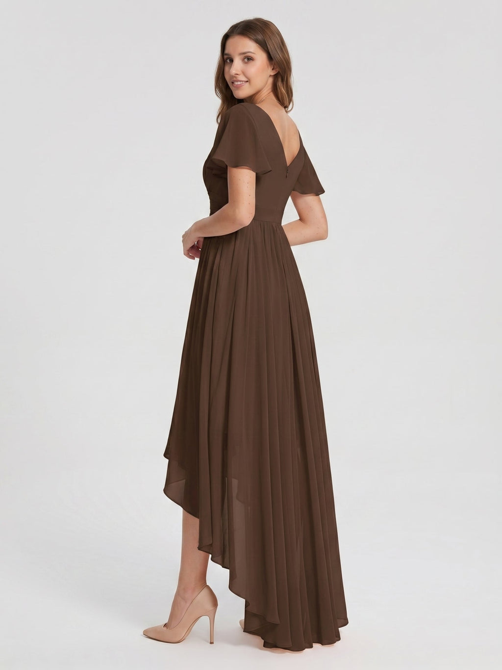 Mocha Chiffon A-Line V-Neck V-Back Asymmetrical Pleated Bridesmaid Dress - Curvevia