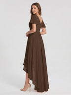 Mocha Chiffon A-Line V-Neck V-Back Asymmetrical Pleated Bridesmaid Dress - Curvevia