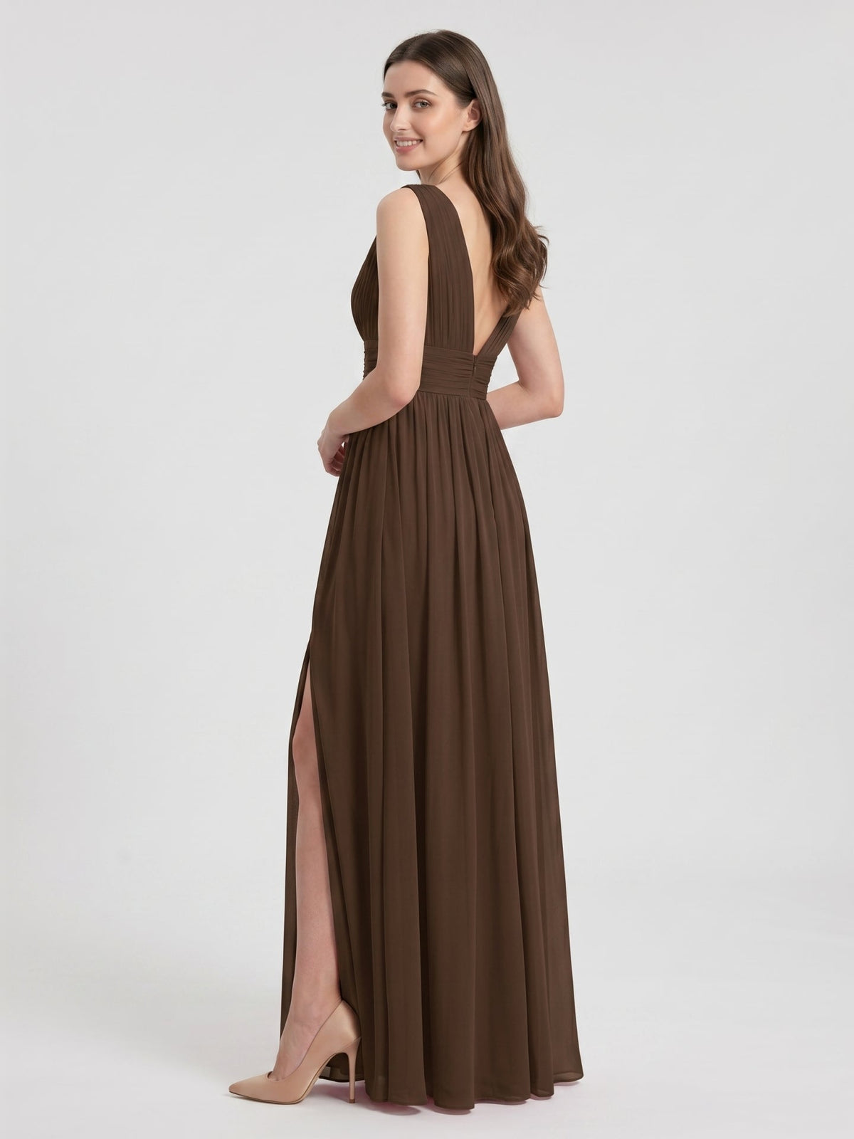 Mocha Chiffon A-Line V-Neck V-Back Ankle-Length Pleated Bridesmaid Dress - Curvevia