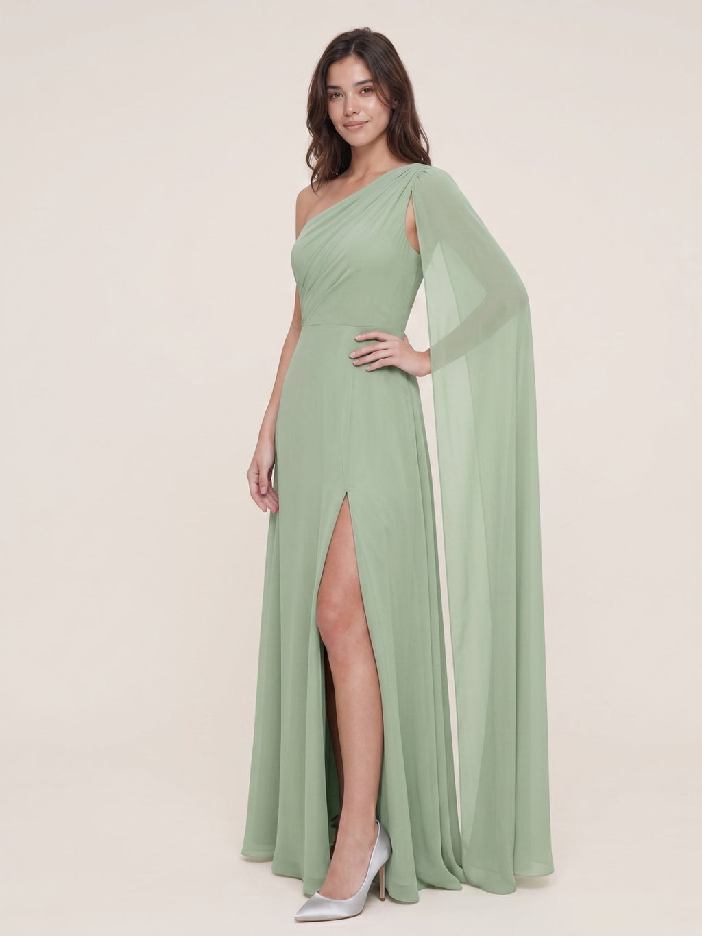 Modern Dusty Sage Chiffon A-Line One Shoulder Side Zip Ankle-Length Bridesmaid Dress - Curvevia