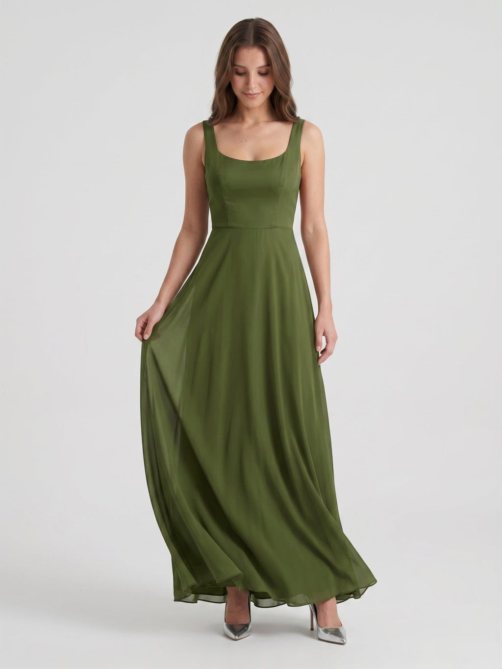 Olive Green Chiffon Column Scoop Neck Backless Floor-Length Bridesmaid Dress - Curvevia