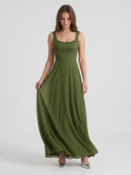 Olive Green Chiffon Column Scoop Neck Backless Floor-Length Bridesmaid Dress - Curvevia