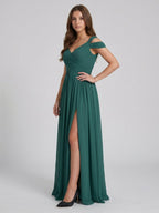Peacock Chiffon A-Line V-Neck V-Back Floor-Length Pleated Bridesmaid Dress - Curvevia