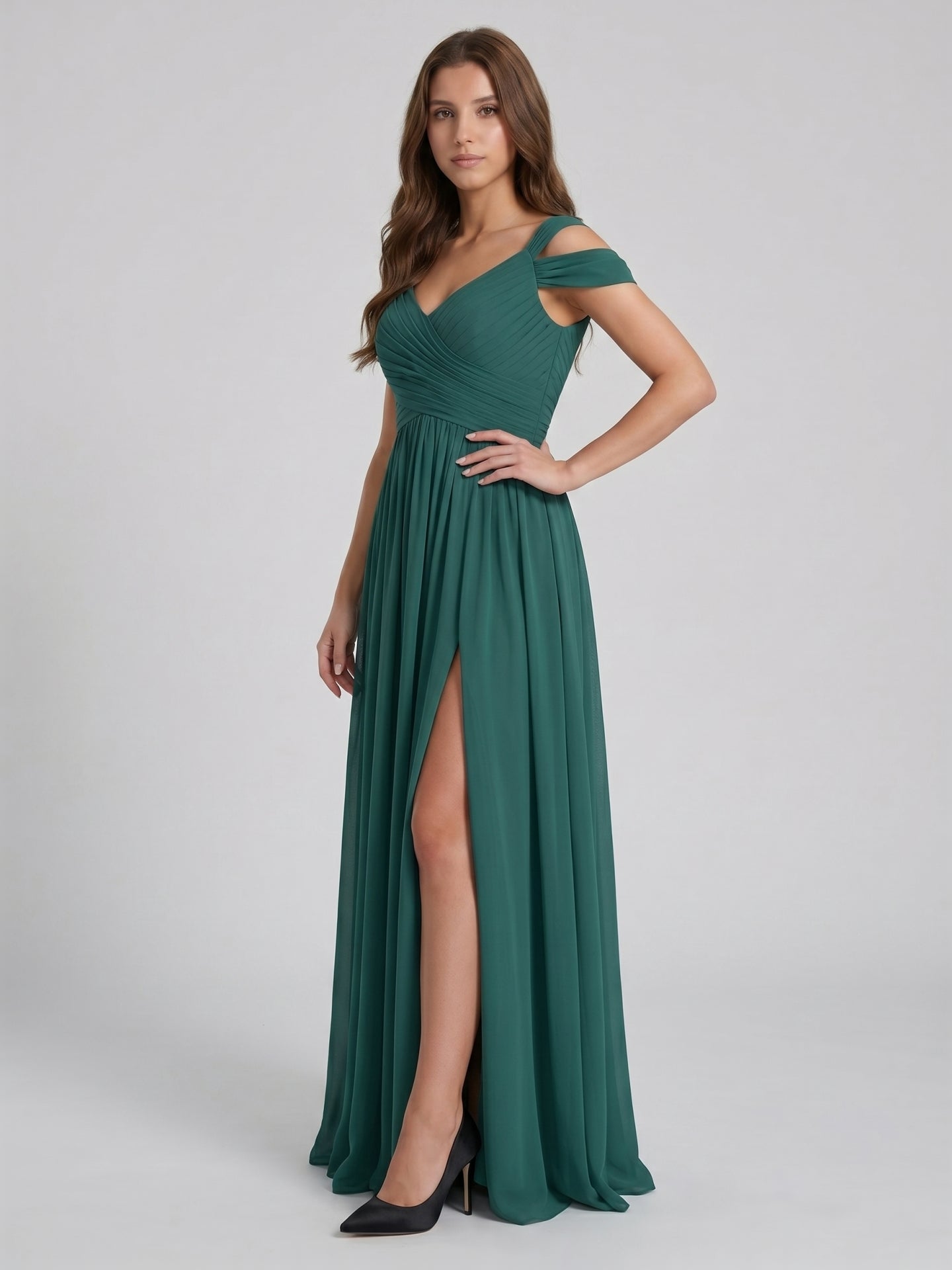 Peacock Chiffon A-Line V-Neck V-Back Floor-Length Pleated Bridesmaid Dress - Curvevia
