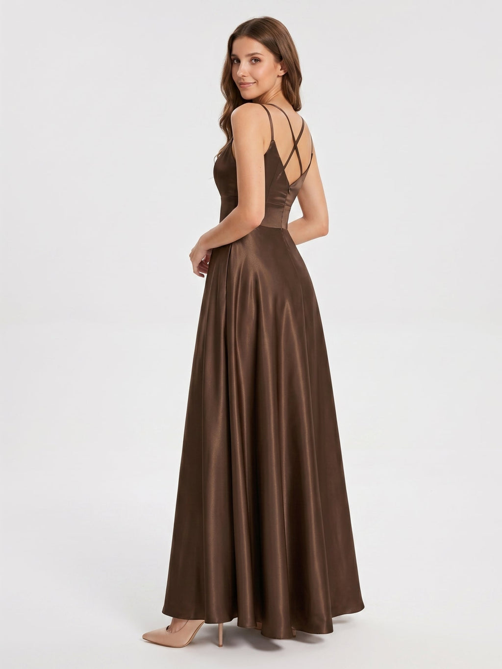 Mocha Satin A-Line V-Neck Criss-Cross Back Floor-Length Bridesmaid Dress - Curvevia