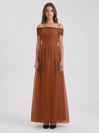 Terracotta Tulle A-Line Off-the-Shoulder Backless Floor-Length Bridesmaid Dress with Bow - Curvevia