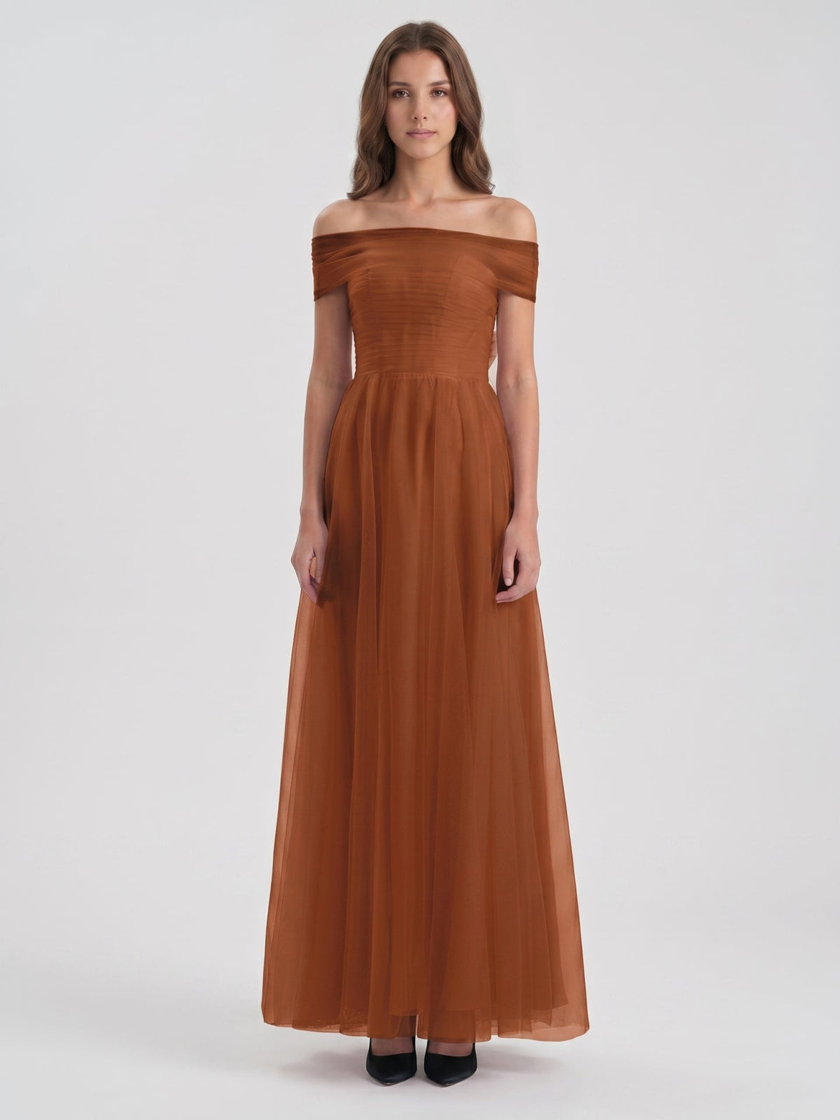 Terracotta Tulle A-Line Off-the-Shoulder Backless Floor-Length Bridesmaid Dress with Bow - Curvevia