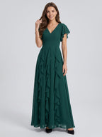 Peacock Chiffon A-Line V-Neck V-Back Floor-Length Ruffle Bridesmaid Dress - Curvevia