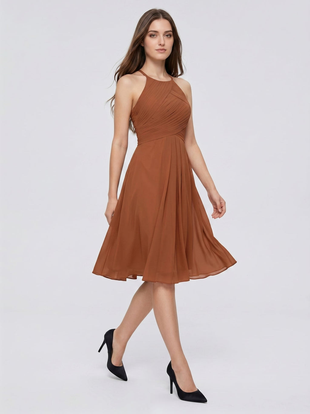 Terracotta Chiffon A-Line Halter Keyhole Back Knee-Length Pleated Bridesmaid Dress - Curvevia