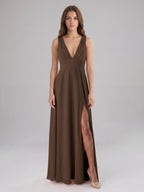 Mocha Chiffon A-Line V-Neck V-Back Floor-Length Pleated Bridesmaid Dress - Curvevia