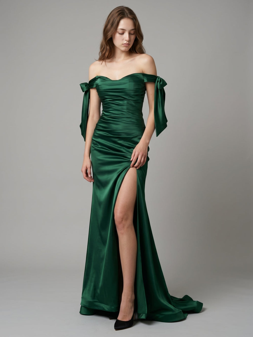 Emerald Satin Trumpet Off-the-Shoulder Backless Floor-Length Bridesmaid Dress with Bow - Curvevia