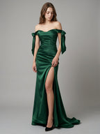 Emerald Satin Trumpet Off-the-Shoulder Backless Floor-Length Bridesmaid Dress with Bow - Curvevia