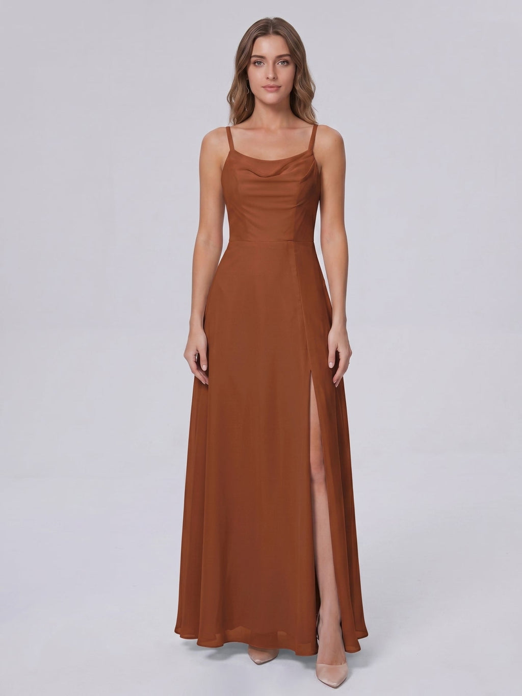 Terracotta Chiffon A-Line Scoop Neck Backless Ankle-Length Bridesmaid Dress - Curvevia