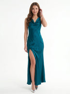 Teal Satin Sheath Cowl Neck Backless Ankle-Length Bridesmaid Dress - Curvevia