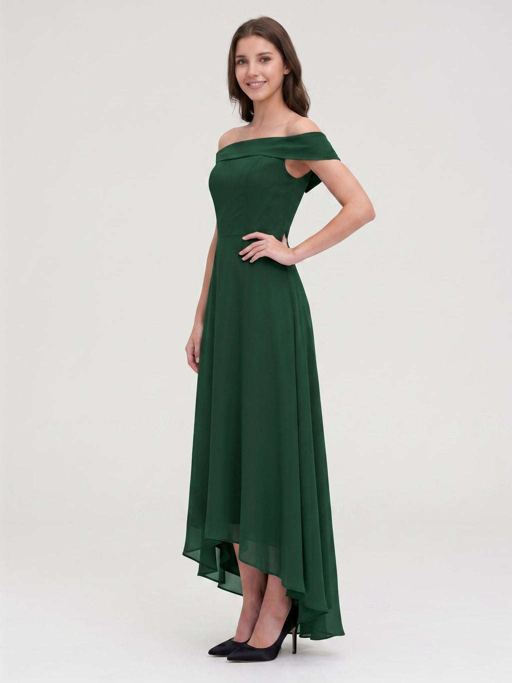 Forest Green Chiffon A-Line Off-the-Shoulder Back Zip Asymmetrical Bridesmaid Dress - Curvevia