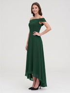 Forest Green Chiffon A-Line Off-the-Shoulder Back Zip Asymmetrical Bridesmaid Dress - Curvevia