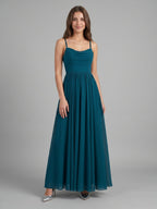Teal Chiffon A-Line Cowl Neck Backless Floor-Length Pleated Bridesmaid Dress - Curvevia