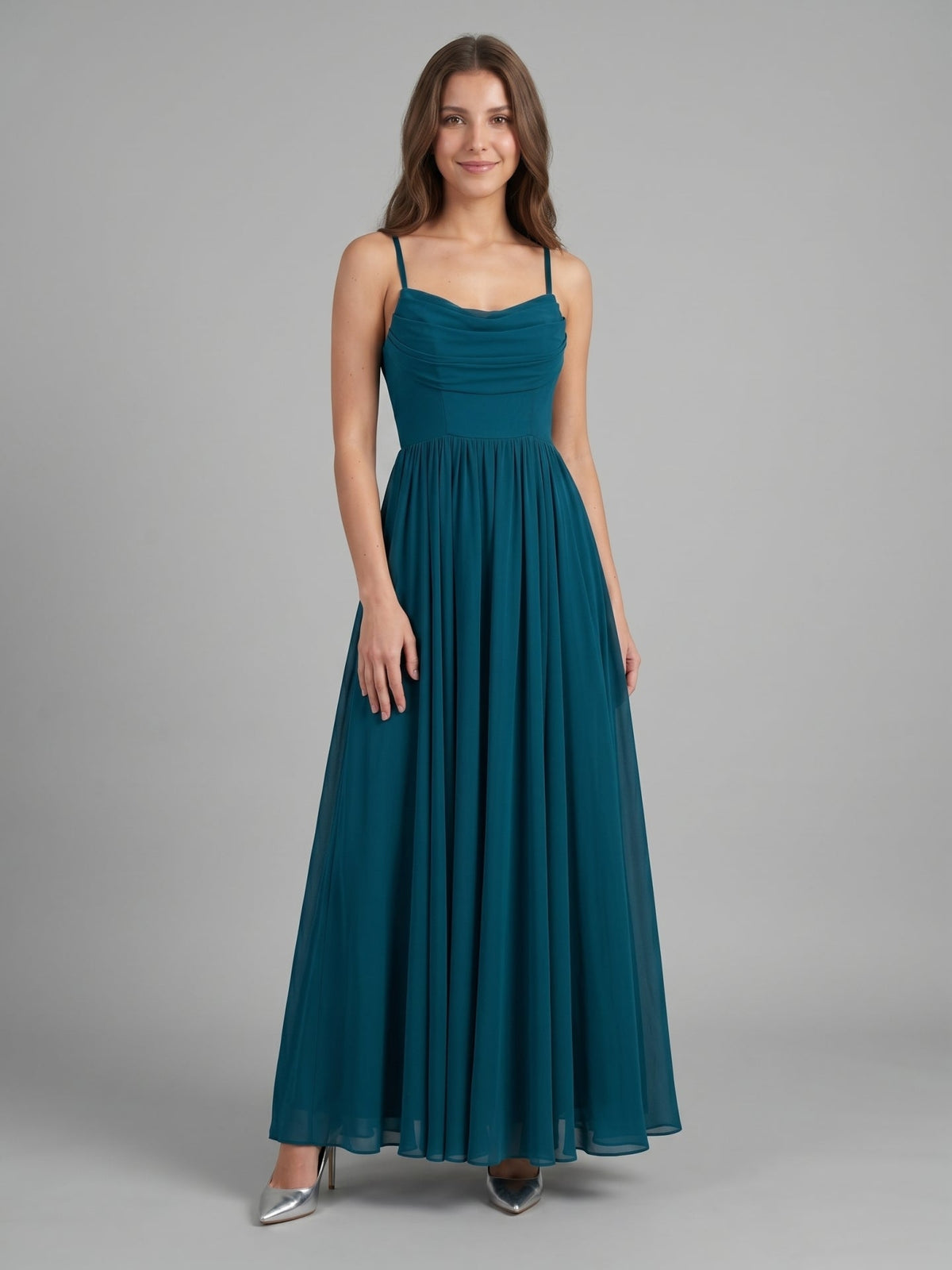 Teal Chiffon A-Line Cowl Neck Backless Floor-Length Pleated Bridesmaid Dress - Curvevia