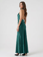 Peacock Satin Sheath Halter Backless Floor-Length Pleated Bridesmaid Dress - Curvevia