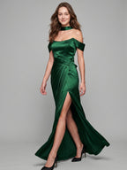 Emerald Satin Sheath Off-the-Shoulder Lace-Up Back Floor-Length Bridesmaid Dress with Bow - Curvevia