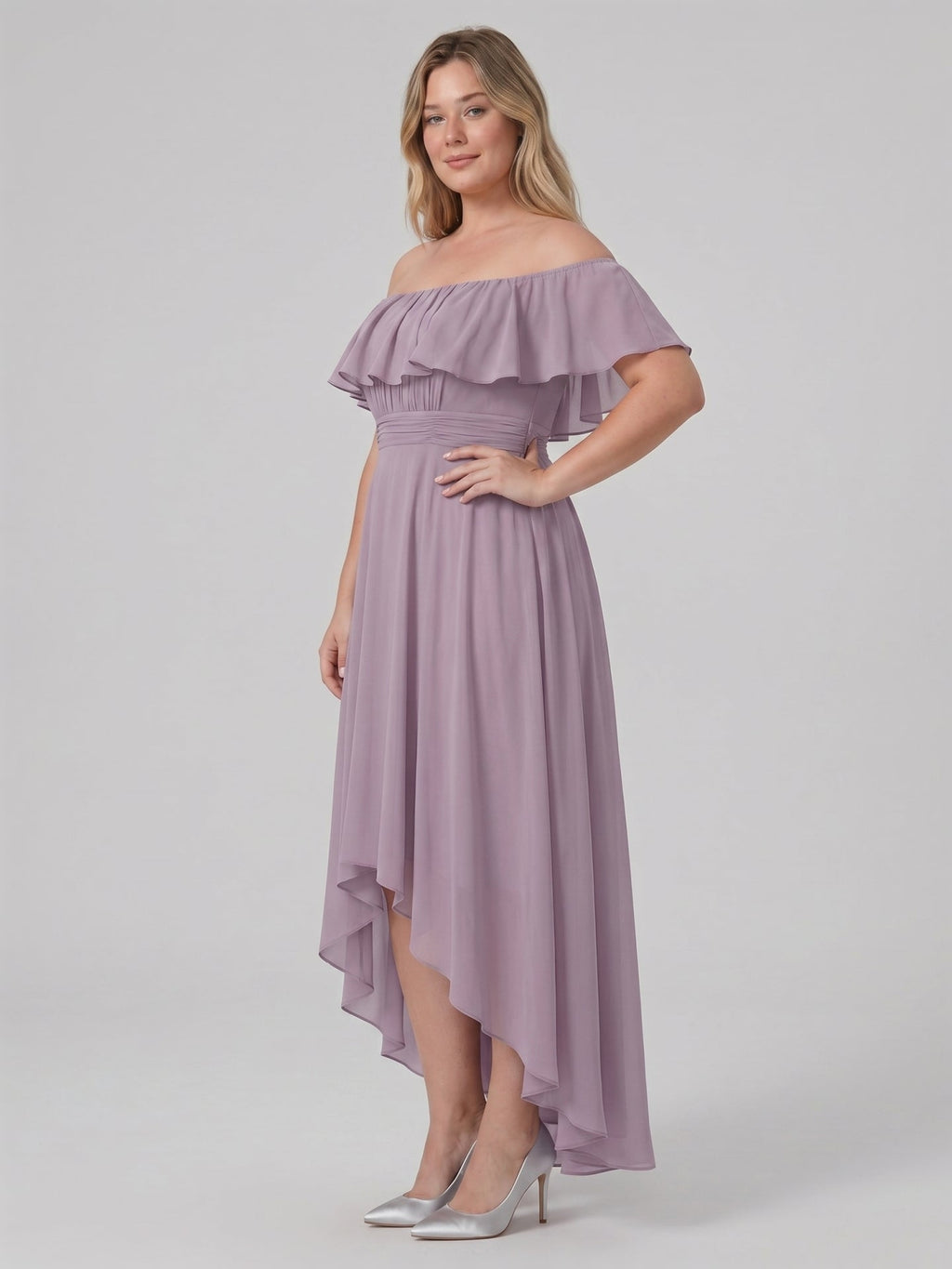 Sweet & Flowy lavender Chiffon A-Line Off-the-Shoulder Backless Asymmetrical Plus Size Bridesmaid Dress - Curvevia