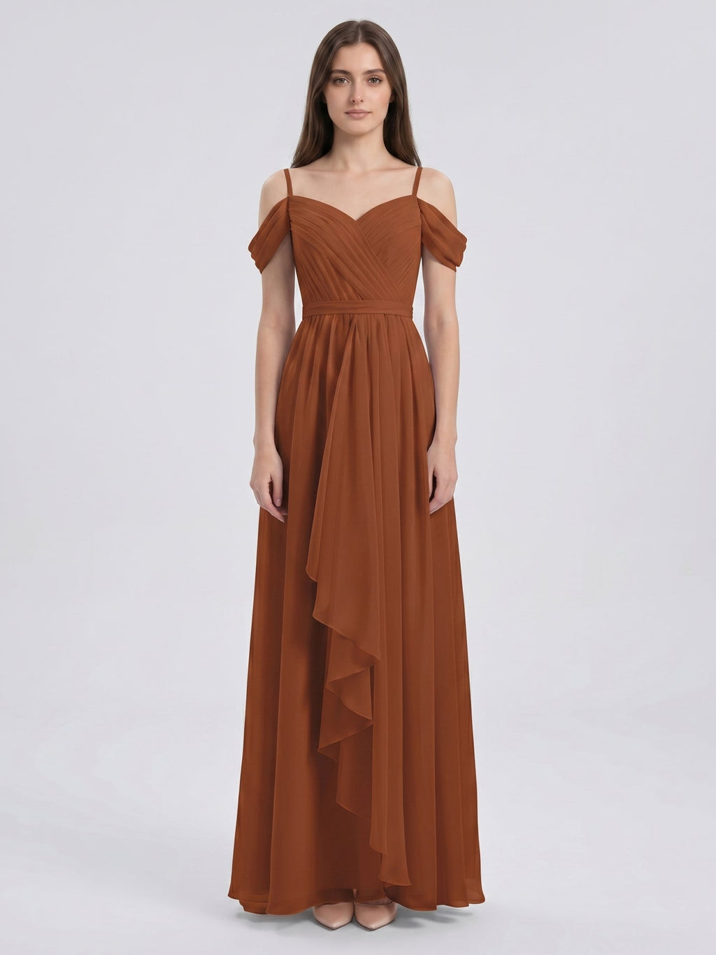 Terracotta Chiffon A-Line Off-the-Shoulder Backless Floor-Length Pleated Bridesmaid Dress - Curvevia