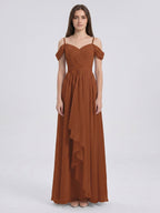 Terracotta Chiffon A-Line Off-the-Shoulder Backless Floor-Length Pleated Bridesmaid Dress - Curvevia