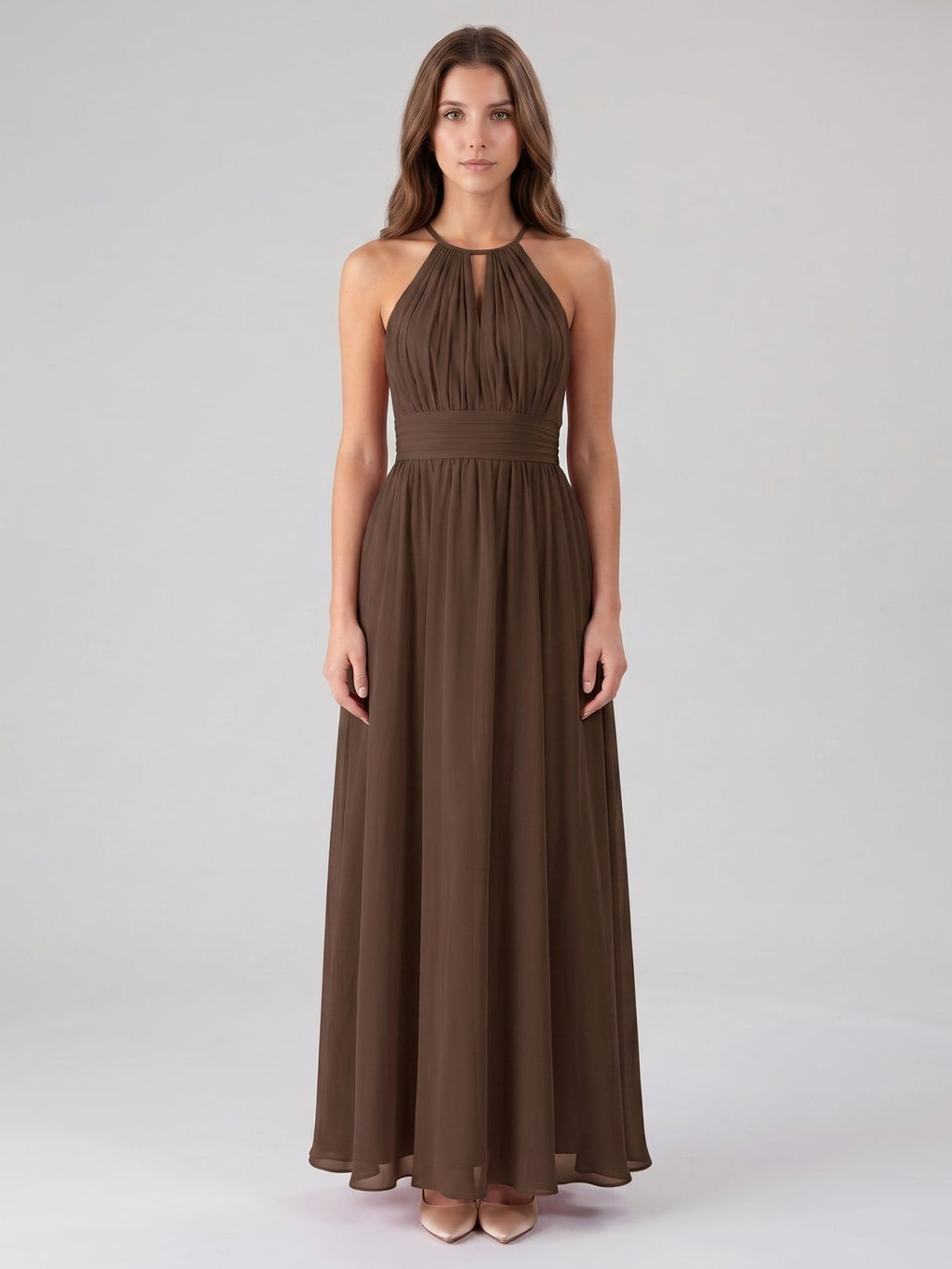 Mocha Chiffon A-Line Halter Keyhole Back Floor-Length Bridesmaid Dress - Curvevia