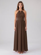 Mocha Chiffon A-Line Halter Keyhole Back Floor-Length Bridesmaid Dress - Curvevia