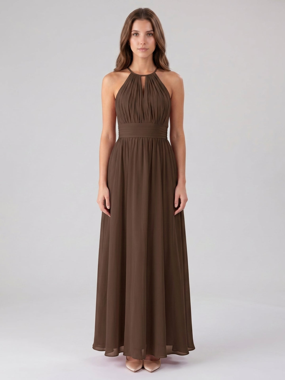 Mocha Chiffon A-Line Halter Keyhole Back Floor-Length Bridesmaid Dress - Curvevia