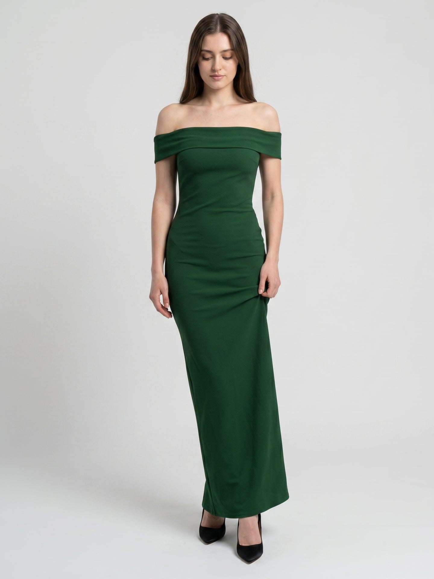 Emerald Stretch Knit Mermaid Off-the-Shoulder Backless Floor-Length Bridesmaid Dress - Curvevia