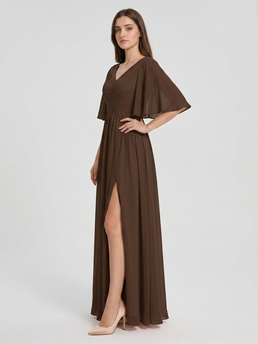 Mocha Chiffon A-Line V-Neck V-Back Ankle-Length Bridesmaid Dress - Curvevia