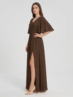 Mocha Chiffon A-Line V-Neck V-Back Ankle-Length Bridesmaid Dress - Curvevia