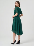 Peacock Chiffon A-Line V-Neck Back Zip Asymmetrical Pleated Bridesmaid Dress - Curvevia