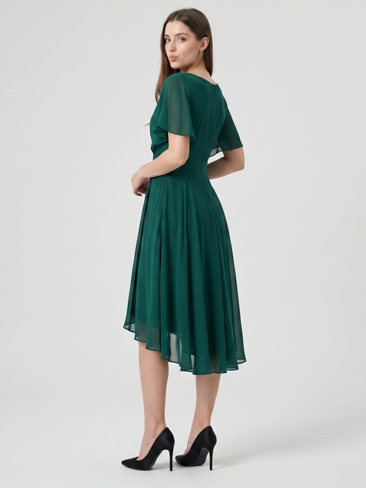 Peacock Chiffon A-Line V-Neck Back Zip Asymmetrical Pleated Bridesmaid Dress - Curvevia