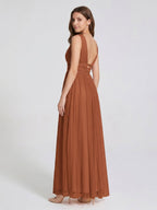 Terracotta Tulle A-Line V-Neck V-Back Floor-Length Pleated Bridesmaid Dress - Curvevia