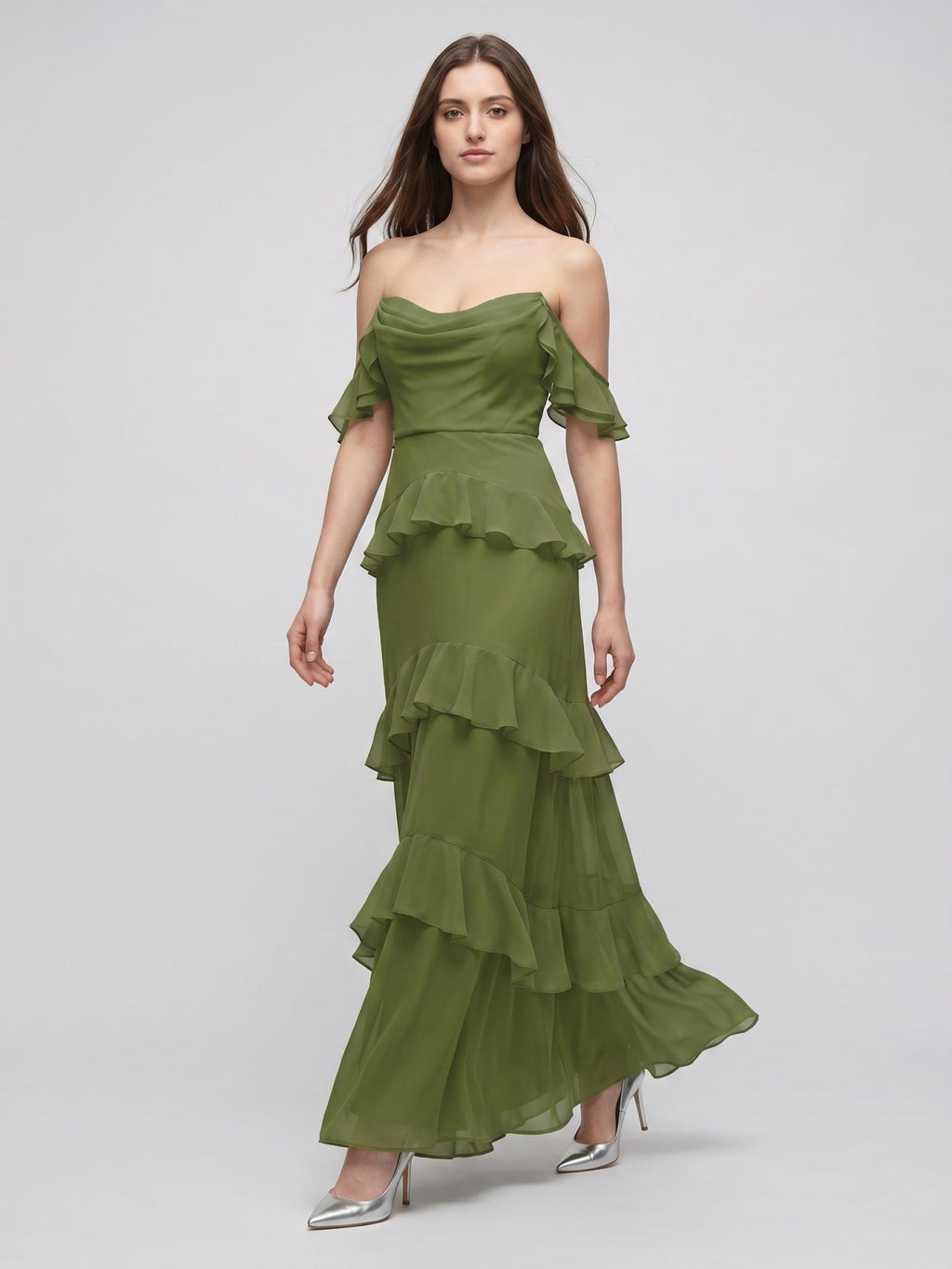 Olive Green Chiffon Sheath Off-the-Shoulder Back Zip Floor-Length Ruffle Bridesmaid Dress - Curvevia