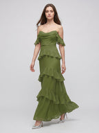 Olive Green Chiffon Sheath Off-the-Shoulder Back Zip Floor-Length Ruffle Bridesmaid Dress - Curvevia