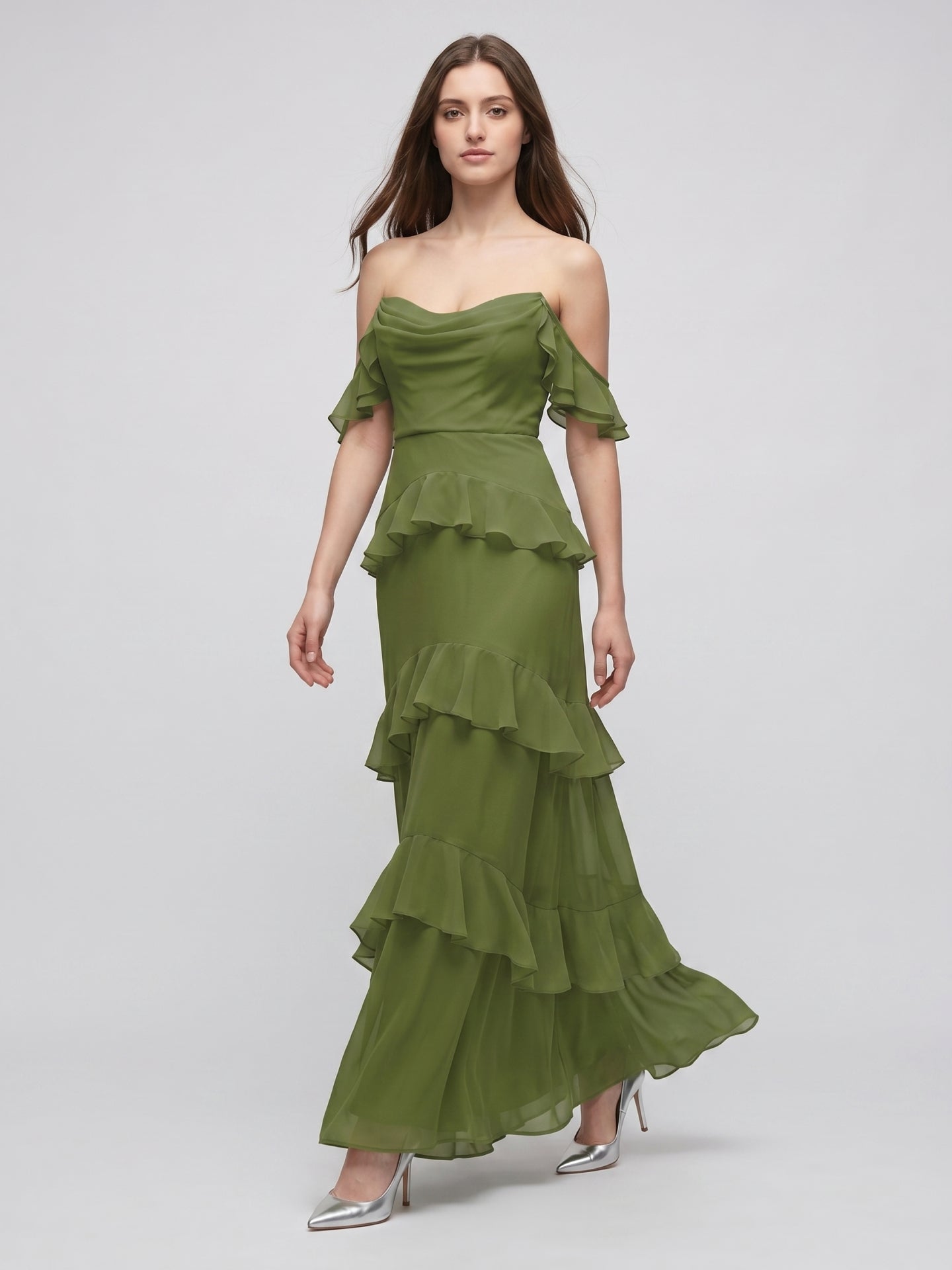 Olive Green Chiffon Sheath Off-the-Shoulder Back Zip Floor-Length Ruffle Bridesmaid Dress - Curvevia