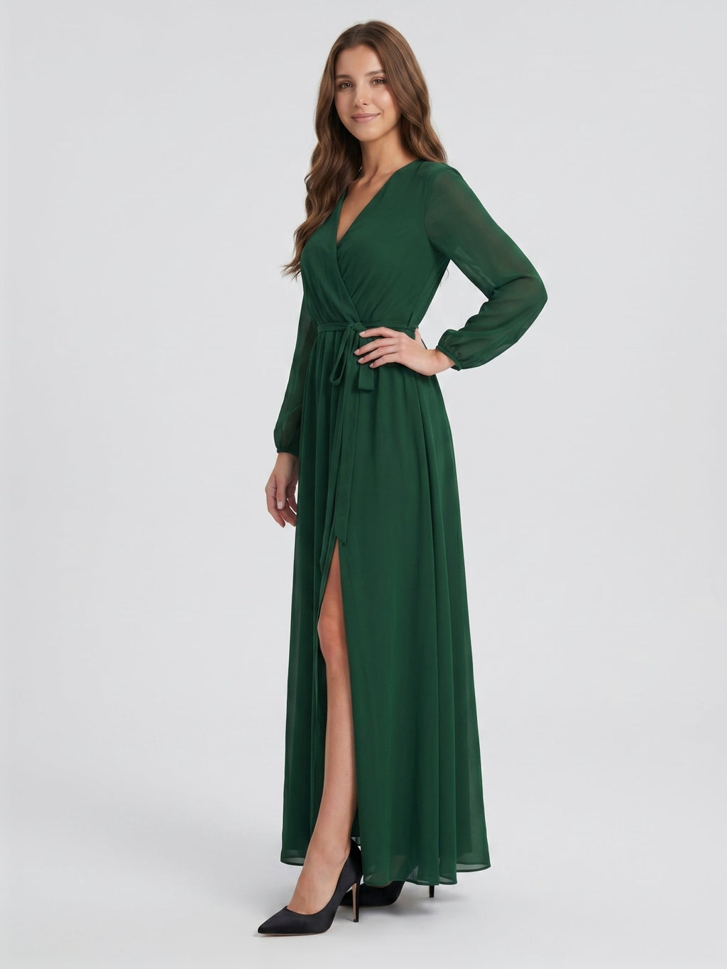 Forest Green Chiffon A-Line V-Neck Back Zip Floor-Length Pleated Bridesmaid Dress - Curvevia