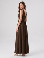 Mocha Chiffon A-Line V-Neck V-Back Floor-Length Bridesmaid Dress with Bow - Curvevia