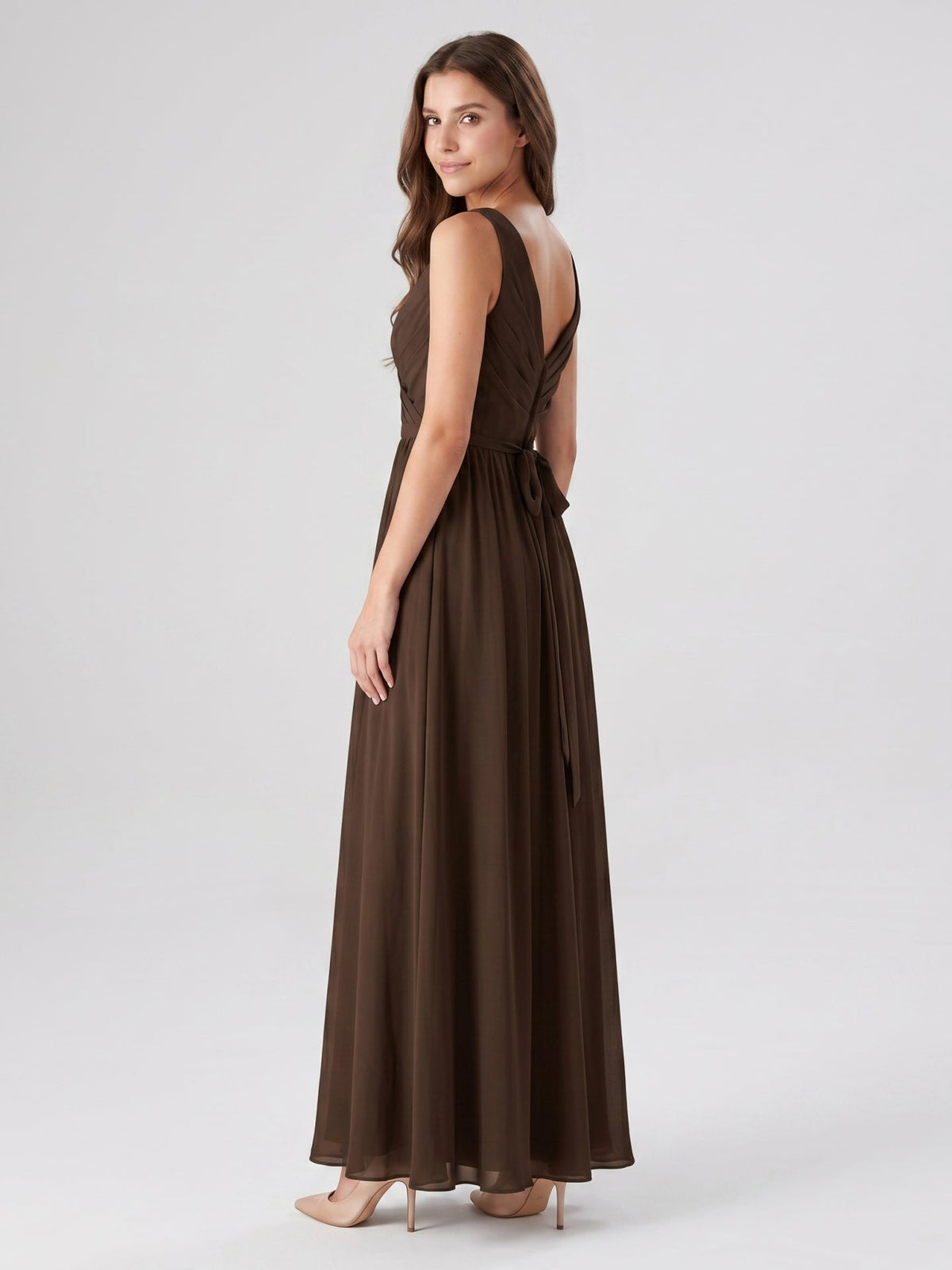 Mocha Chiffon A-Line V-Neck V-Back Floor-Length Bridesmaid Dress with Bow - Curvevia