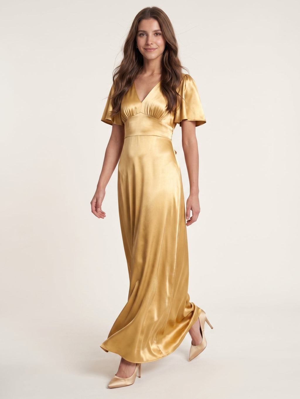Elegant Gold Satin A-Line V-Neck V-Back Ankle-Length Bridesmaid Dress - Curvevia